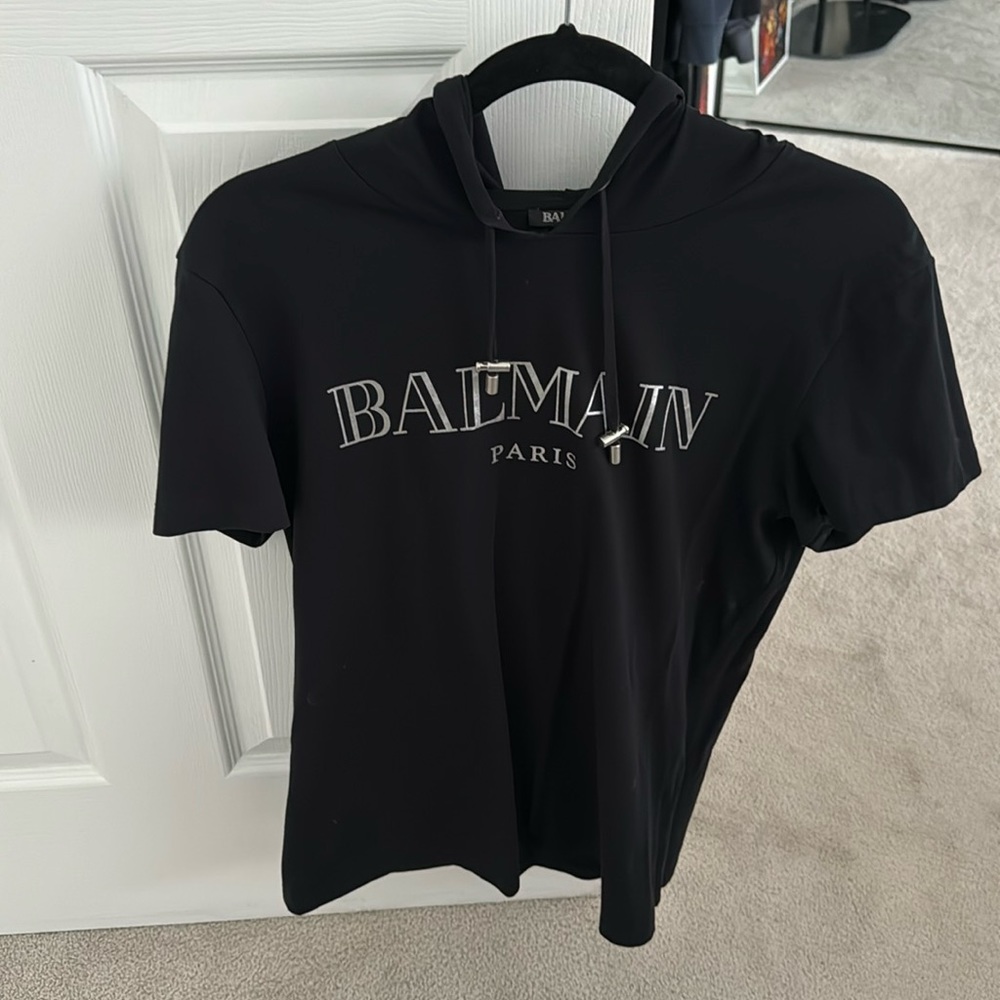Balmain t shirt hoodie - men’s size Small - black. Great condition
